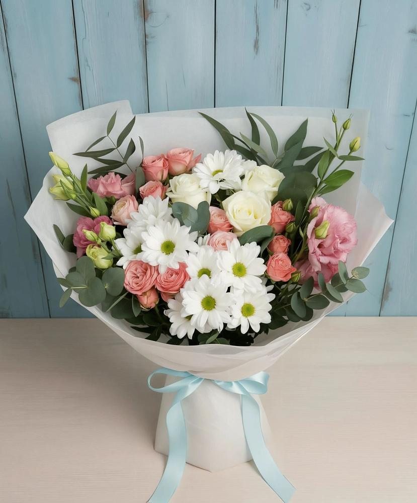 Букет цветов из: Розы, Лизиантусы и Хризантемы в Городище