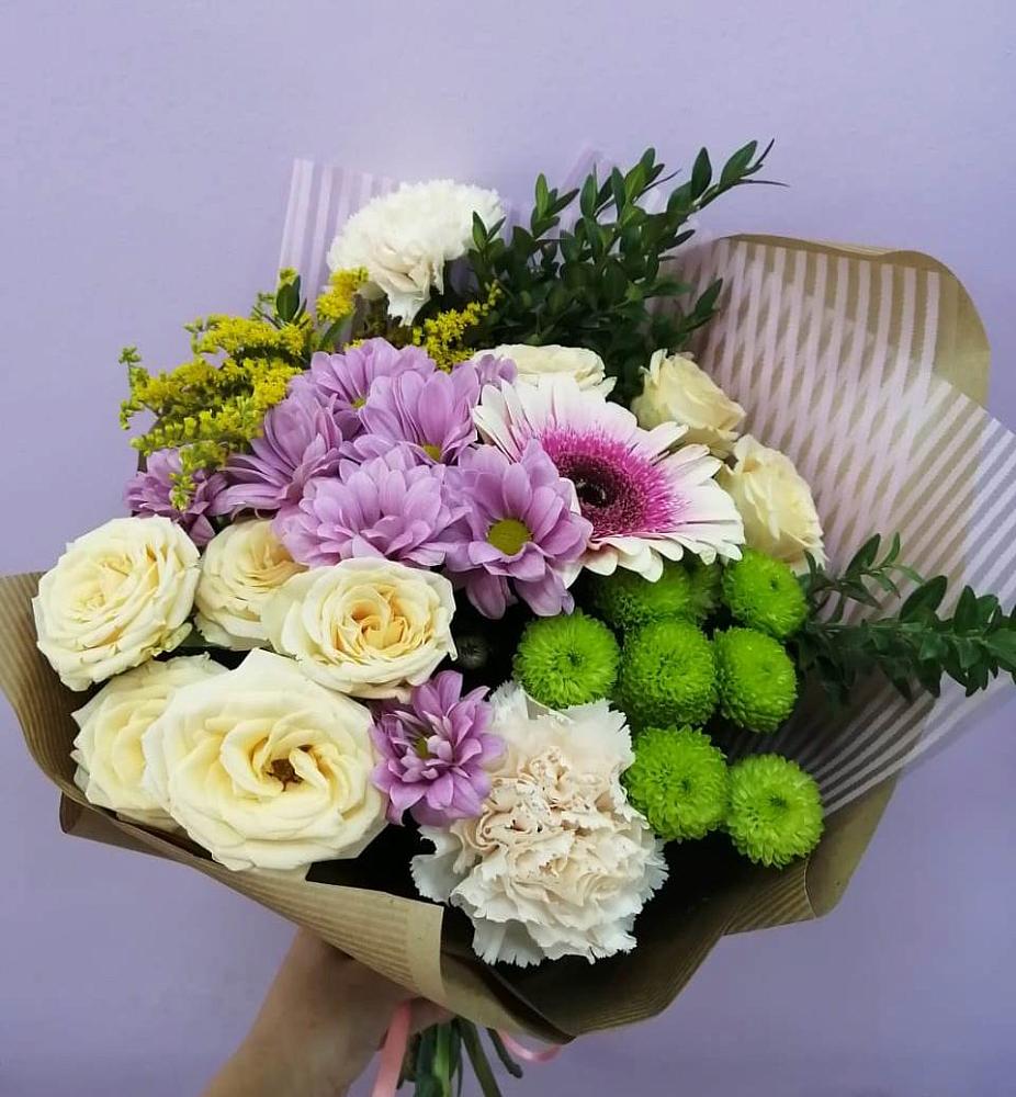 Букет цветов из: Хризантемы, Розы, Гвоздики и Герберы в Городище