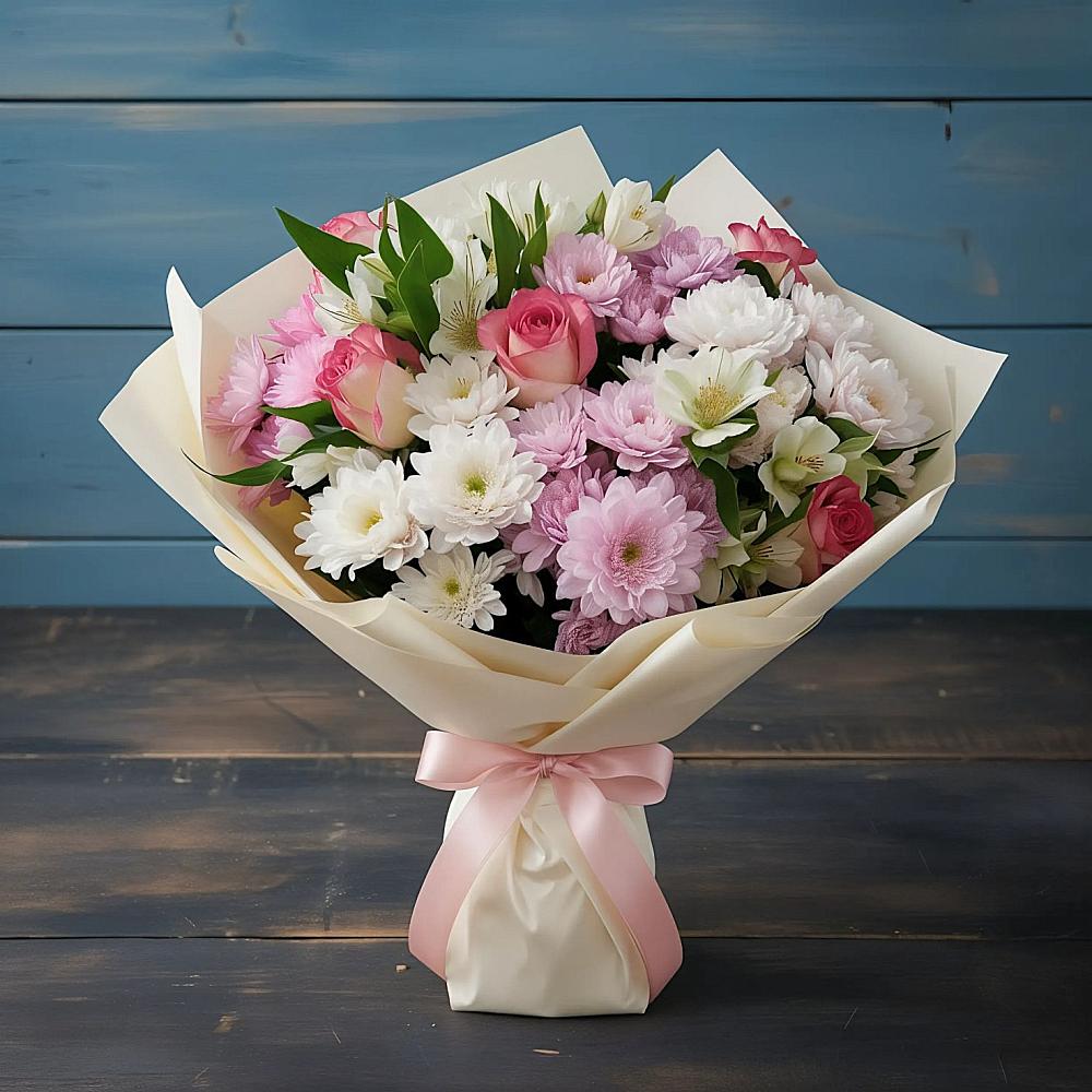 Букет цветов из: Хризантемы, Альстромерии и Розы в Городище